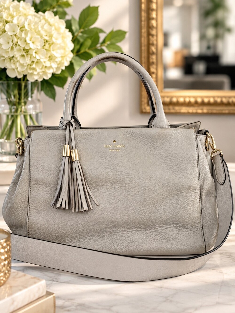 Kate Spade Gray Pebbled Leather Satchel Shoulder Bag Tassel Large